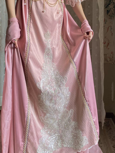 Pink Regency Era Dress with Lace Embroidery and Draped Sleeves – Bridgerton Inspired Lolita Dress Plus Size